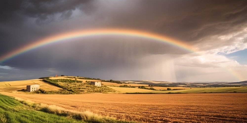 Arco iris sobre una casa de campo al fondo en bonito paisaje