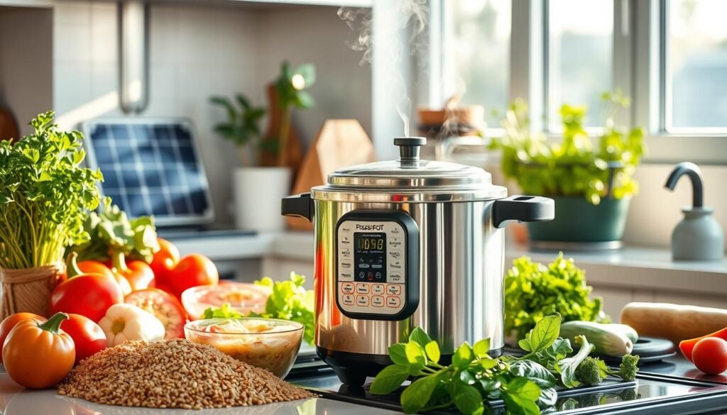 Olla a presión encima de una mesa con verduras