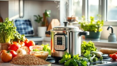 Olla a presión encima de una mesa con verduras