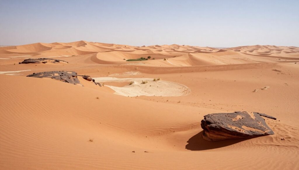 Paisaje del desierto de Arabia con dunas y formaciones rocosas Paisaje del desierto de Arabia con dunas y formaciones rocosas