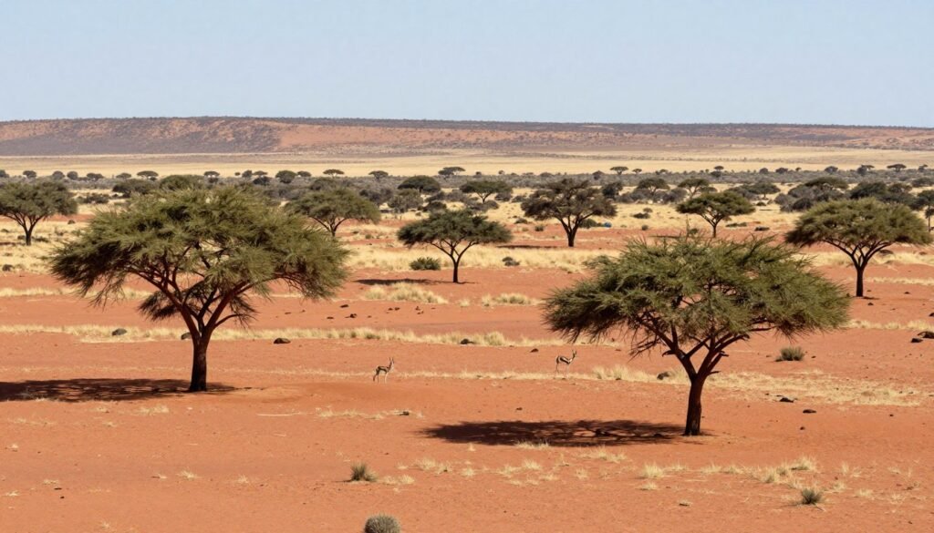 Sabana del desierto de Kalahari con acacias y vida salvaje Sabana del desierto de Kalahari con acacias y vida salvaje