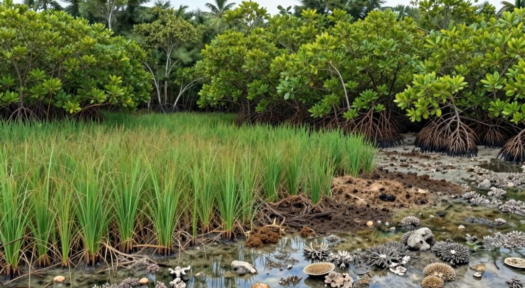 Manglar y arrecife afectados por un tsunami Manglar y arrecife afectados por un tsunami