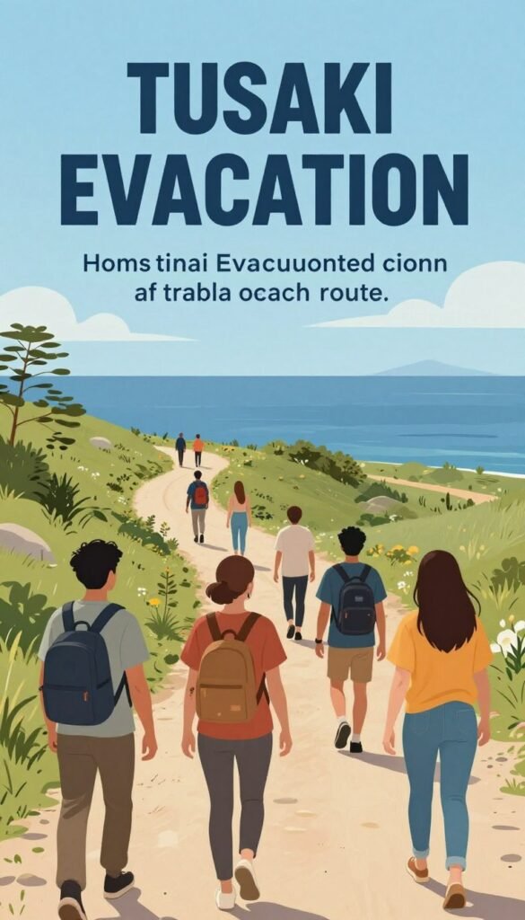 Personas siguiendo una ruta de evacuación ante riesgo de tsunami Personas siguiendo una ruta de evacuación ante riesgo de tsunami